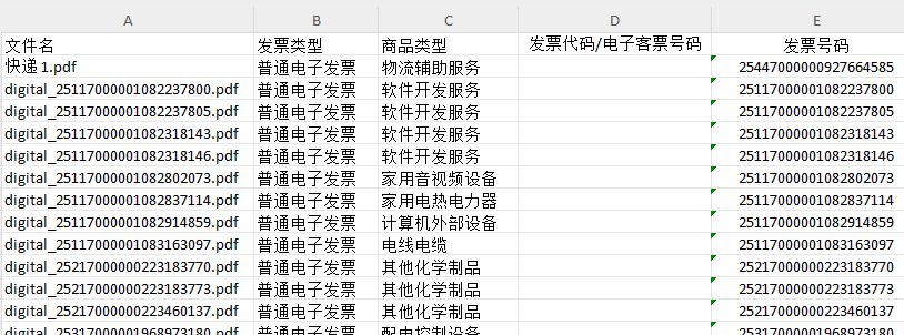第九步：打开表格文件，可以看到整理好的发票信息，包含发票号码、开票日期、商品类型、金额、税额等